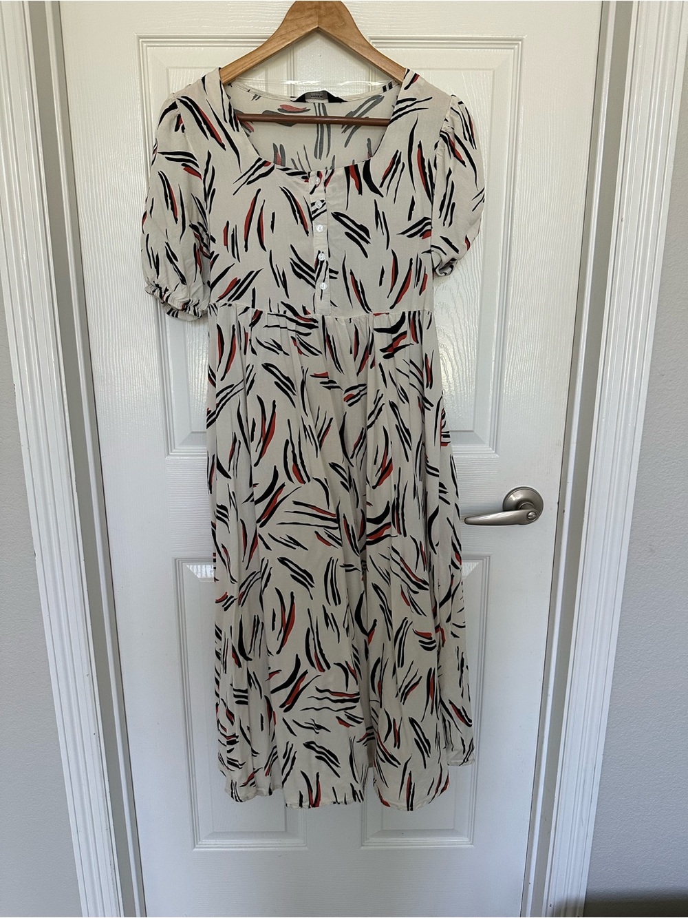 Cream Printed Midi Dress with Rust and Black Accents